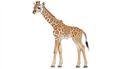 Fototapeta premium A young giraffe stands against a white background