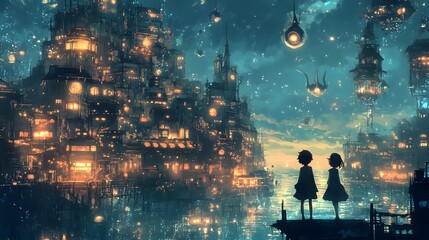 Two children admire a luminous, futuristic cityscape at twilight.