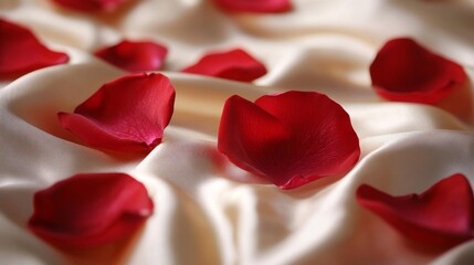Fototapeta premium Red Rose Petals on Soft Cream Silk Fabric