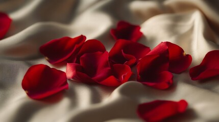 Red rose petals scattered on beige silk fabric