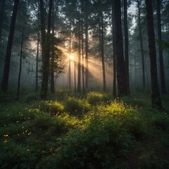 Obraz premium A sunrise in a remote forest, with fireflies glowing and a misty, magical atmosphere.