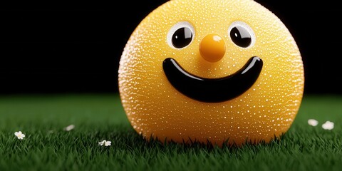 Cheerful yellow smiley ball outdoor grass setting toy bright environment close-up view joyful concept
