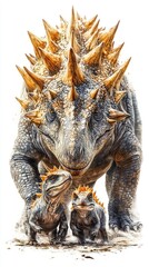 Fototapeta premium A Family of Dinosaurs Walking Together in a Lush Natural Setting Under a Clear Sky