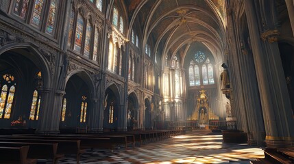 Fototapeta premium Sunlit interior of a grand cathedral