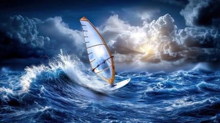 Windsurfing Adventure on Stormy Seas at Sunset Thrilling Windsurfing Experience Captured