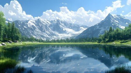 Fototapeta premium Serene mountain lake reflecting snow-capped peaks and lush greenery on a sunny day.