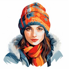 This captivating portrait showcases a young woman in vibrant winter attire, radiating confidence and charm. Her lively eyes and intricate details create a memorable impression.