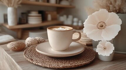 Latte Art Coffee Cup Cozy Home Setting