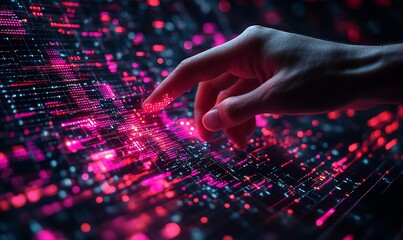 Hand interacts with digital data; futuristic background; tech innovation concept