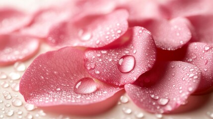 Fototapeta premium Dewdrops on Pink Rose Petals Softly Glistening