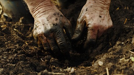 Obraz premium Close-Up of Human Hands Digging Into Dark Soil, Capturing the Natural Texture and Earthy Elements of Gardening and Agriculture with a Focus on Handwork in Nature