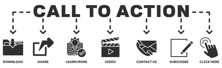 Call to action banner web icon vector illustration concept with icon of download, share, learn more, watch our video, contact us, subscribe, and click here	
