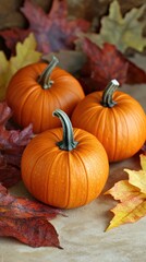 Three vibrant pumpkins surrounded by autumn leaves on a rustic surface.