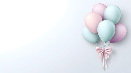 Pastel-colored balloons tied with a pink ribbon against a light background. Perfect for birthdays, celebrations, or baby announcements.  A charming and elegant image.