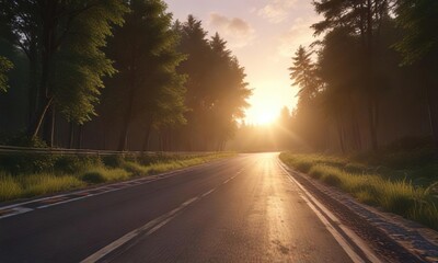 Obraz premium Stunning landscape of a race track cutting through a lush forest at sunset, race track, dusk