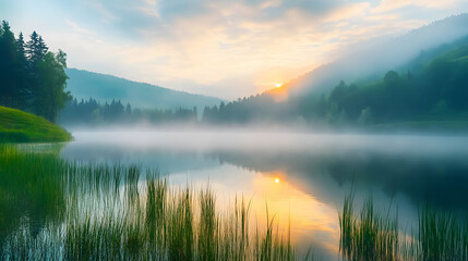 Fototapeta premium A misty morning scene at Lacul Ro?u in Harghita County, Romania, captures the beauty of nature during a foggy summer sunrise.