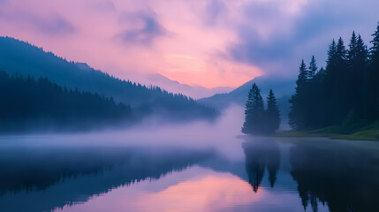 Fototapeta premium A misty morning scene at Lacul Ro?u in Harghita County, Romania, captures the beauty of nature during a foggy summer sunrise.