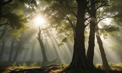 Obraz premium Sunlight leaking through tree branches in a forest, outdoors, nature