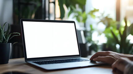 Fototapeta premium A mockup image displaying a blank screen on a computer for advertising purposes, as a man utilizes a laptop at home for business inquiries and marketing designs.