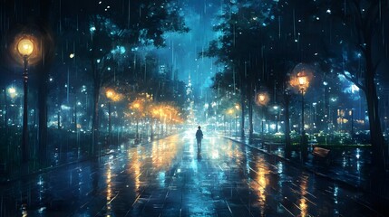 Naklejka premium A solitary figure walks through a rainy, illuminated city street at night.