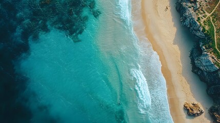 Aerial view of a tranquil beach with turquoise waters and soft sandy shores.