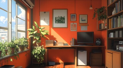 Bright and cozy home office with an orange wall and lush greenery.