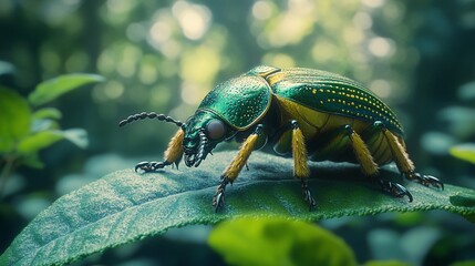 Naklejka premium Jewel beetle on leaf, forest background, nature close-up, wildlife photography