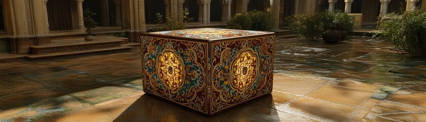 Intricately Decorated Cube in Sunlit Courtyard