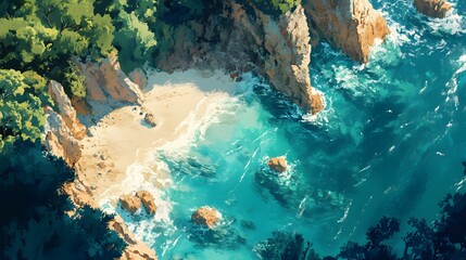 Serene coastal landscape featuring rocky cliffs and turquoise waters.
