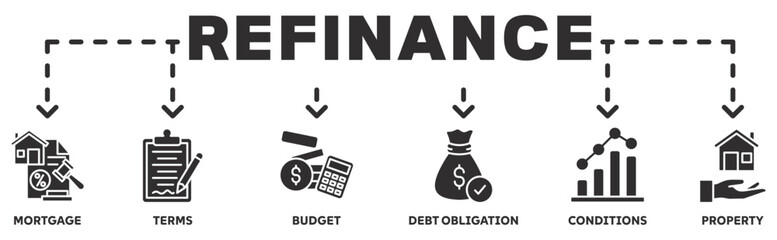 Refinance banner web icon vector illustration concept with icon of mortgage, terms, budget, debt obligation, conditions, property	