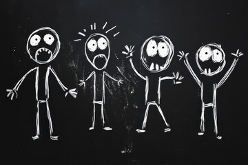 simple stick figures portraying fear minimalist style monochrome palette expressive gestures