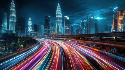 Fototapeta premium A vibrant cityscape at night with light trails from moving vehicles and skyscrapers.