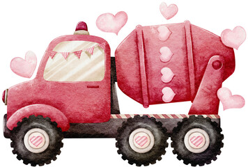 Watercolor Valentine s day with pink construction Cement Mixer and hearts