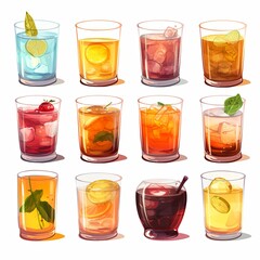 Set of icons of tea glass on white background