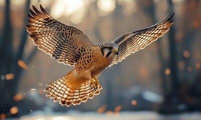 Obraz premium Kestrel in flight, forest sunset, hunting