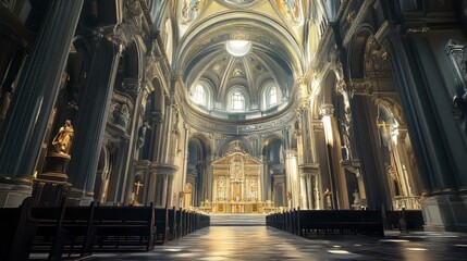 Naklejka premium Sunlit interior of a grand cathedral