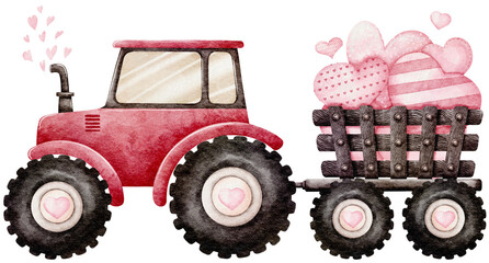 Watercolor Valentine s day Farmer with pink Tractor and carrier hearts © titaporn