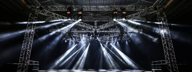 Live stage production featuring overhead trusses and lighting. 