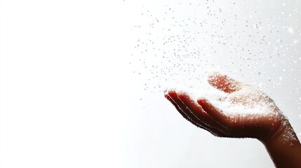 A child s hand catching falling snowflakes, gentle and tender composition, artistic winter moment, isolated on white background