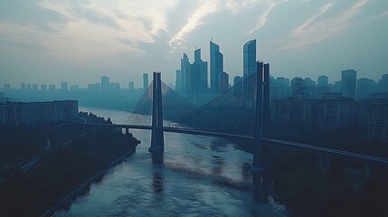 Fototapeta premium Cityscape bridge sunrise hazy river cityscape.