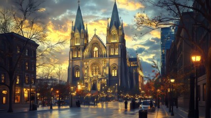Obraz premium Grand Cathedral at Sunset Cityscape