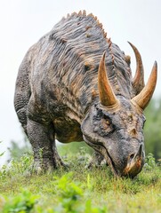 Fototapeta premium Herbivorous dinosaur grazing, prehistoric park, misty day, educational purposes