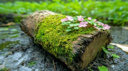 Obraz premium Mossy Log with Pink Flowers Nature Spring Botany Ecology