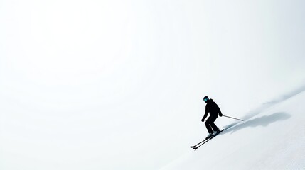 A lone skier on a vast snowy slope, minimalist winter photography, isolated on white background