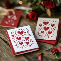 Lovely Red Heart-Shaped Valentine's Day Cards on Wooden Table