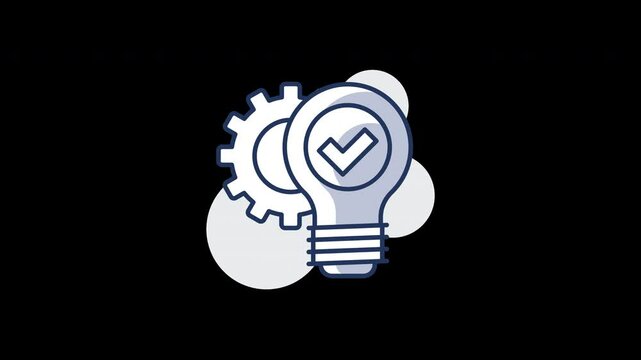 A light bulb with a check mark and gear, symbolizing innovation and technology in a simple flat design.