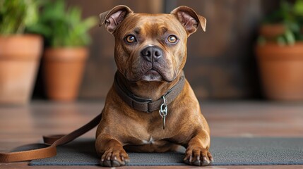 a full length photo of an american bully sitting on the floor holding his dog leash in his mout