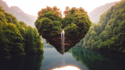 Obraz premium Heart Shaped Island Waterfall Lush Forest Tranquil Lake Nature Paradise