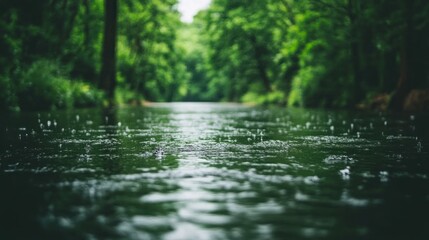 Serene Rain Over Green River in Lush Forest