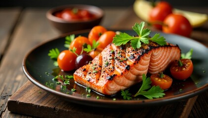 Grilled red salmon steak with roasted vegetables on a rustic wooden table, rustic table, wooden planks, earthy tones